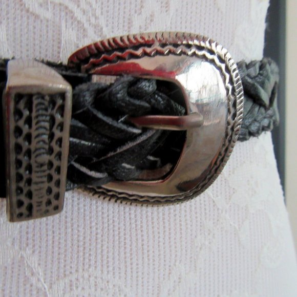 Vintage black woven unisex leather belt with silver engraved brass buckle - 38" - Picture 3 of 6